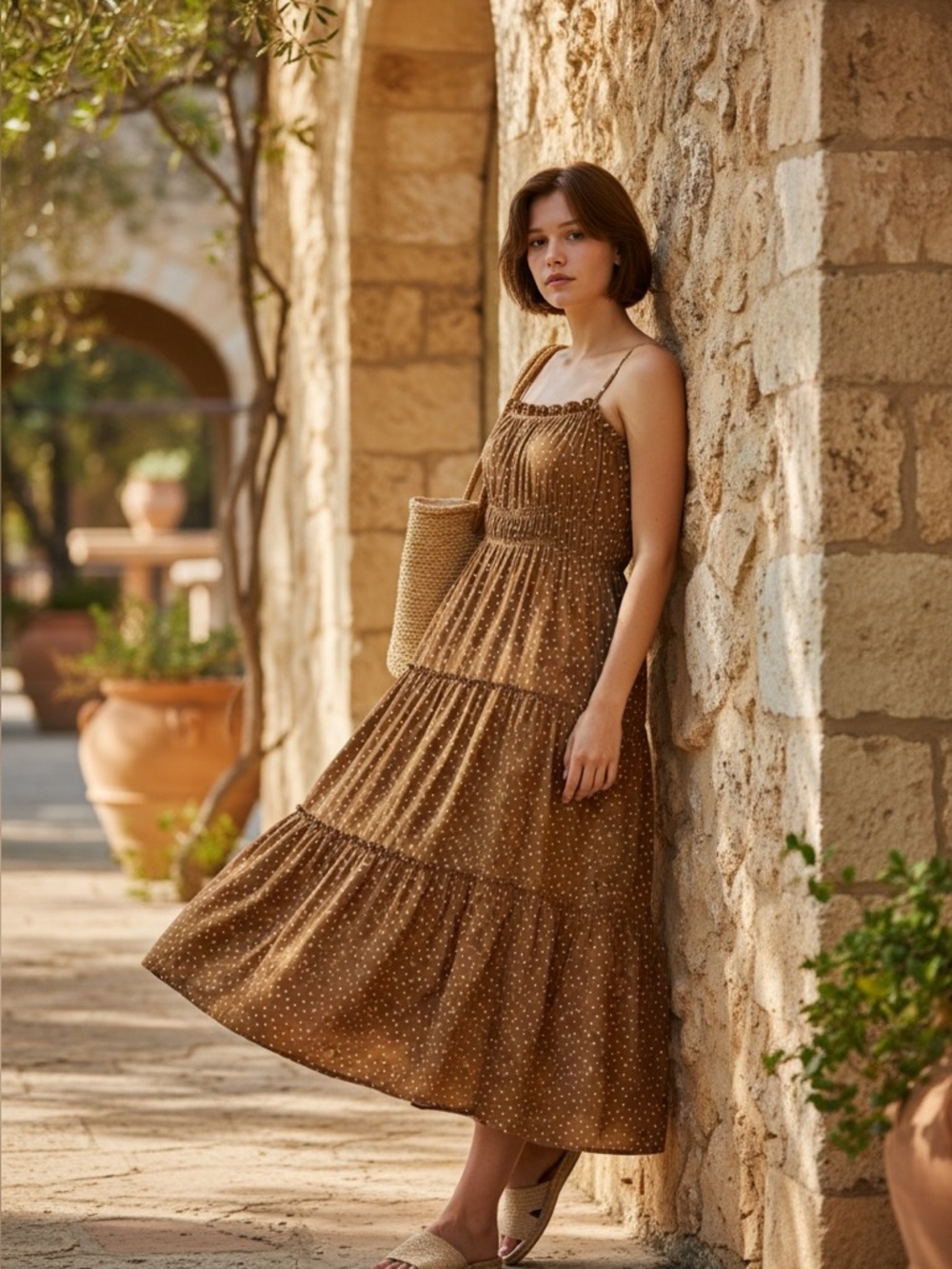 Madewell Brown Polka Dot Chiffon Square Neck Tiered Midi Dress Size 12